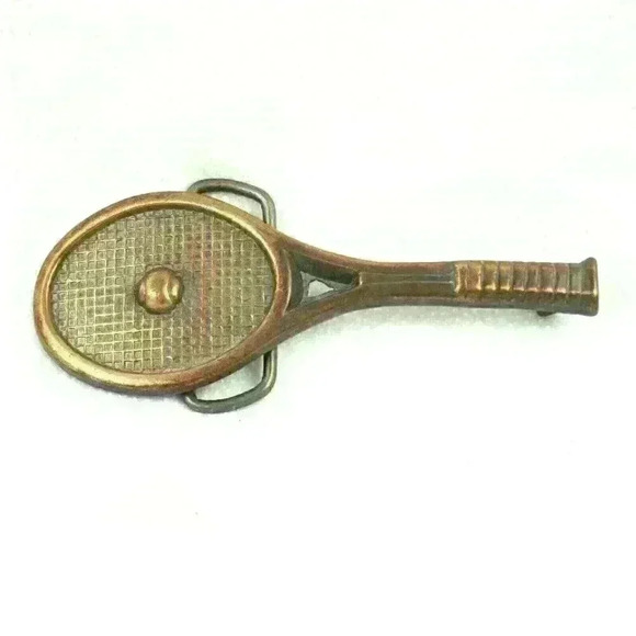 Other - Vintage Belt Buckle Tennis Racquet & Ball Sport Gold Tone Metal RARE!